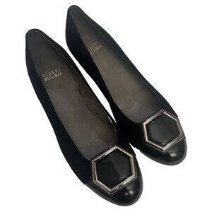 Stuart Weitzman Black Suede Hexus Wedge Flats with Geometric Silver Detail 8 M
